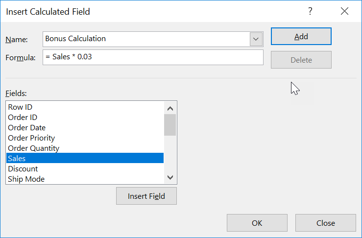 pivot table calculated fields